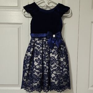 Jona Michelle Navy Velvet and Lace Kids Dress